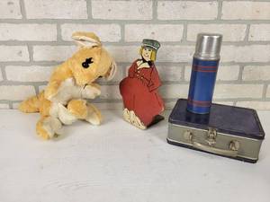 lot 326 image: Vintage Master Industries of St. Paul, MN Stuffed Kangaroo (12 Tall), Childs Stamped Steel Lunchbox & Thermos and Wood Cutout Dutch boy Doorstop