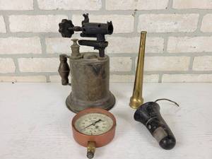 lot 330 image: Antique Brass Torch, Brass Hose Nozzle, Vintage Light and Gauge