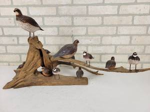 lot 246 image: Beautiful Original Bonnie Lawson Wood Carved Quails on Driftwood