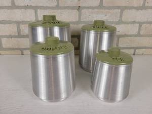 lot 352 image: Vintage Aluminum KROMEX Canister Set - FLOUR - SUGAR - COFFEE - TEA