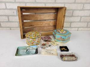 lot 353 image: Wood Crate, Floral Tin Made in England, Chicago Stockyards Glass Paperweight, Buttons and More