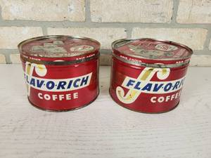 lot 366 image: (2) Vintage Flav-O-Rich 1# Tin Coffee Cans - Super Valu Stores Inc Minneapolis, MN