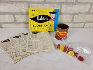 lot 374 image: 1956 Yahtzee Game with (4) Unused Pads, Original Box, Shaker and Dice
