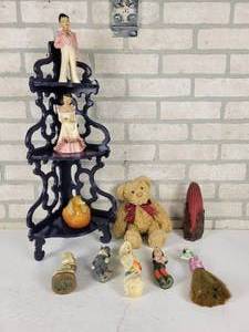 lot 386 image: Wood Corner Shelf (7 x 7 x 23 Tall), Vintage Teddy Bear, Candles and Figures