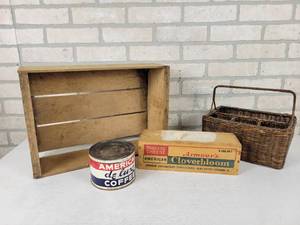 lot 391 image: Condiment and Silverware Basket, Wood Crate, Vintage 1# American de luxe Coffee Can and Cheese Box
