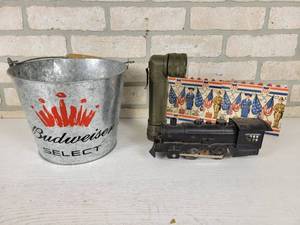 lot 401 image: FULTON Military Flashlight, Budweiser Bucket, Vintage Patriotic Paper Hat and Locomotive