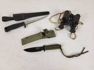 lot 403 image: Warner & Swasey 8 Power Binoculars, 4 Survivor Knife with Paracord Handle and Normark Swedish Fillet Knife