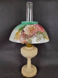lot 247A image: 1930s40s ALADDIN Model B Oil Lamp with White & Green Floral Shade