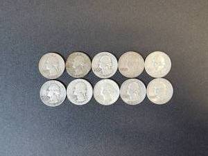 lot 466 image: (10) Washington US Quarter Dollars - 90% Silver - All are 1964 and Earlier