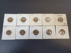 lot 457 image: (10) US Lincoln Wheat Cents - Graded F to AU