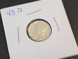 lot 428 image: 1943-D Mercury US Dime - 90% Silver - Graded XF