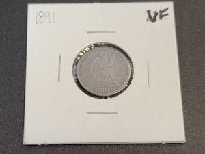 lot 418 image: 1891 Seated Liberty US Dime - 90% Silver - Graded VF