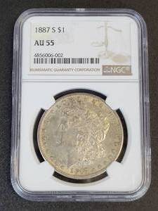 lot 416 image: 1887-S Silver Morgan Dollar - 90% Silver - Graded AU55 by NGC