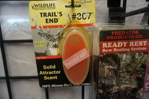 lot 100 image: Predator Products Bow Resting System With Wild Life Research Trails End Scent Attractor and Quaker Boy Screw In Bleat Can Holder