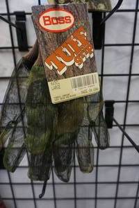 lot 155 image: Boss Brand Tuff Grip 100% Nylon Mesh Camo Gloves with Bowtech Baseball Cap
