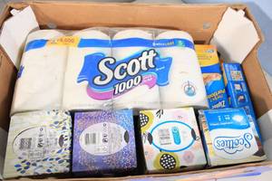 lot 139 image: Flat of Assorted Toilet Paper, Facial Tissues, and Ziploc Bags