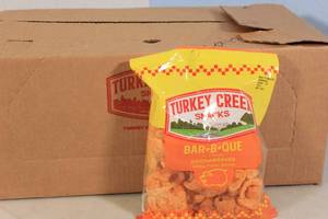 lot 47 image: 12ct Turkey Creek Snacks Bar-B-Que Chicharrones Fried Pork Skins