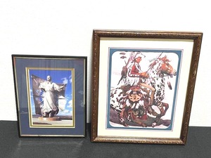 Two Colorful Photo Prints of Indian on Horse & Indian Woman Statue