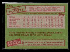 lot 15 image: 1985 Topps Kirby Puckett Rookie Card #536
