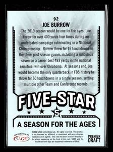 lot 56 image: 2020 Sage Draft Joe Burrow Rookie Card #92