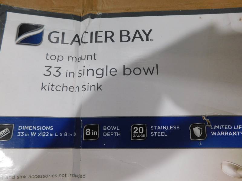 lot 33 image: Glacier Bay Drop-In Stainless Steel 33 in. 4-Hole Single Bowl Kitchen Sink