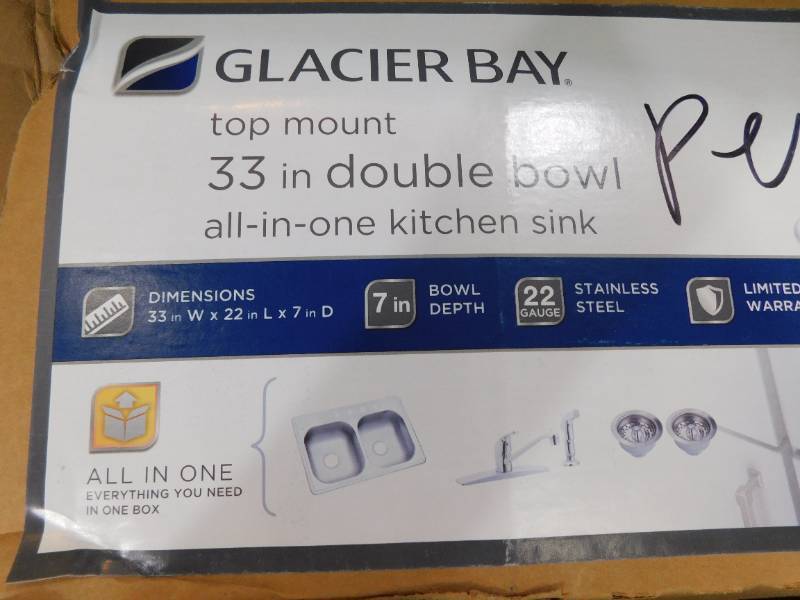 lot 34 image: Glacier Bay All in-One 33 in. Drop-in Double Bowl 22 Gauge Stainless Steel Kitchen Sink with 4-Holes and FaucetSide Sprayer