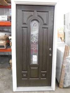 lot 35 image: Feather River Doors 37.5 in. x 81.625 in. Medina Zinc Center Arch Lite Stained Walnut Oak Left-Hand Inswing Fiberglass Prehung Front Door