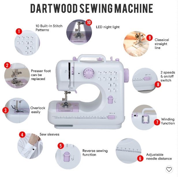 lot 594 image: Dartwood Portable and Multifunctional Household Sewing Machine with 10 Stitching Modes, Battery Powered or AC Outlet Powered (Batteries Not Included)