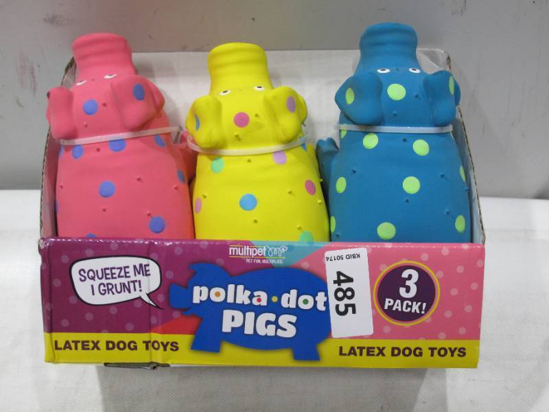 lot 621 image: NEW Multipet Polka-Dot Pigs Latex Dog Toys (3 pk.)