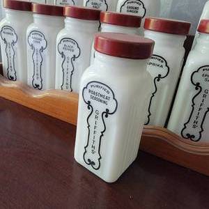 lot 58 image: Vintage Kitchen Milk Glass Spice Jars with Rack