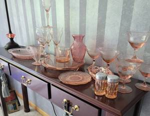 lot 59 image: Pink Depression Glass Assortment  Stemware  Cake Plate  Serving Pieces