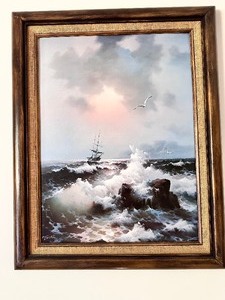 lot 117 image: Framed Painting with SailboatSchooner in Rough Seas by Eugene Garland