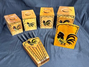 lot 143 image: Mid-Century Modern Japanese Artisan Handpainted Rooster Storage Containers, Hanging Knife Block, Napkin Holder