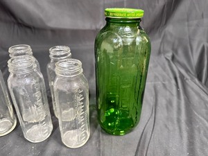 lot 148 image: Set of 5 Vintage Glass Evenflo Baby Bottles and Green Glass Wagner Water Container