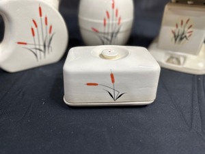 lot 154 image: Vintage Universal Oven Proof Cattail Design - Covered Pitcher, Canister, Butter Dish, Scale