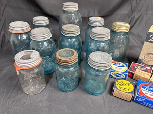lot 163 image: Lot of 10 Blue Green Ball Perfect Mason and 1 Atlas Mason Canning Jars with Zinc Lids and Extra Lids