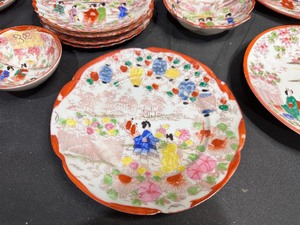 lot 166 image: Large Lot of Vintage Mid-20th Century Japenese Porcelein Tea Cockery - Garden Party Theme with White Background, Red Edge