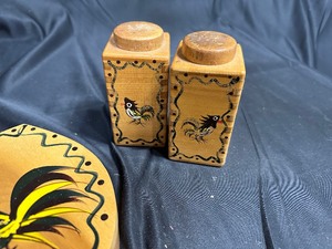 lot 207 image: Vintage Wooden Hand Painted Rooster Meat Press, Salt and Pepper Shaker, Matchstick Holder