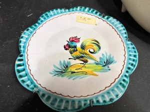 lot 241 image: Rooster Plate with Turquoise Scalloped Border and Turquoise Bowl