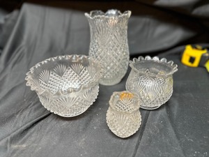 lot 76 image: Vintage Pressed Glass Fan Edge Pineable Diamond Bowl, Celery Vase, Shepherds Plaid Spooner, and Small Vase