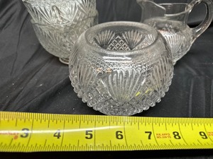 lot 32 image: Anchor Hocking Arlington Pattern - 3 Bowls, EAPG aka Shepherds Plaid Creamer, and Rose Bowl Vase Clear Potpourri Jar, Candle Holder Pattern Glass Ball Vase
