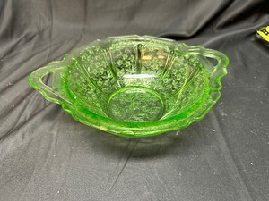 lot 274 image: Jeannette Glass Cherry Blossom Uranium Glow Glass Bowl with Handles