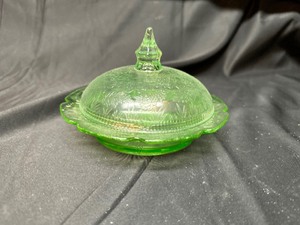 lot 280 image: Jeannette Glass Cherry Blossom Uranium Glow Glass Covered Candy Dish with Cherry Bottom and Strawberry Top