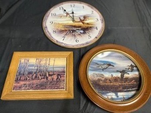 lot 130 image: Terry Redlin Collection Clock with Pheasants, Framed Deer Print, and Spring Thaw Plate