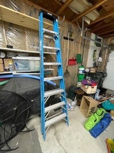 lot 195 image: Werner Fiberglass and Aluminum 8 ft Step Ladder (12 ft Max Reach)
