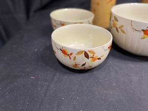 lot 246 image: Lot of 7 Vintage Hall China Jewel Tea Autum Leaf Canisters, Glasses and Covered Tin