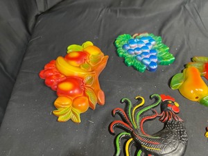 lot 247 image: Iron Roosters Wall Decor and Chalkware Fruit
