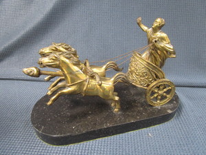 Cast Chariot, Two Horses, Marble Base