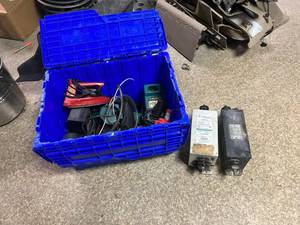 lot 49 image: Tote of Cordless Tools, Chargers & Transformers