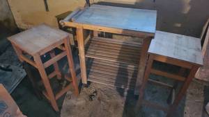 lot 104 image: Wooden butlers cart and 2 counter height wood stools or plant stands